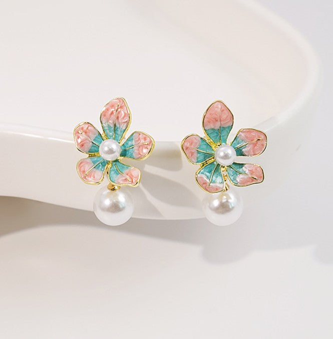 MULTI COLOR PEARL FLOWER DROP KOREAN EARRINGS