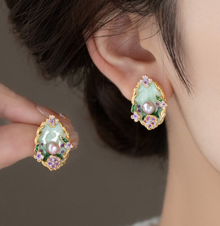 GREEN FLOWER STUDS KOREAN EARRINGS