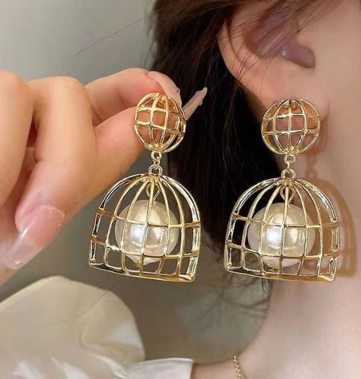 PEARL IN CAGE DROP KOREAN EARRINGS