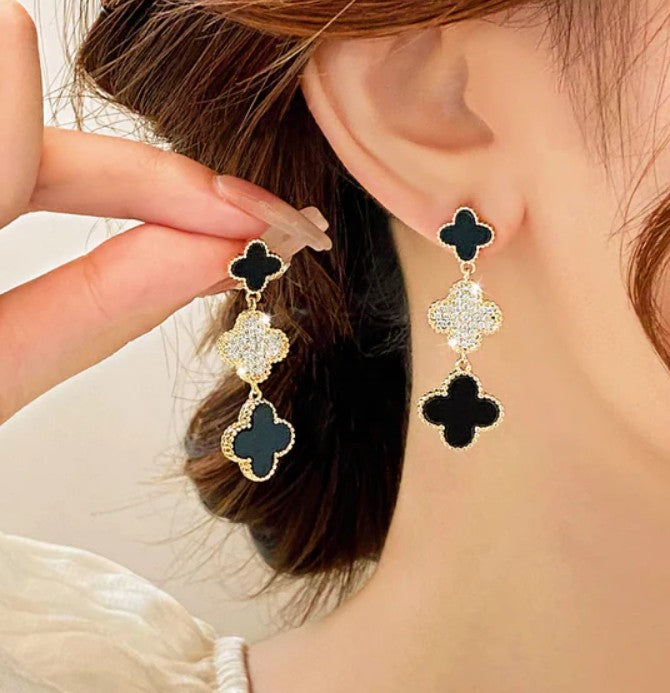 CLOVER AD STONE DROP KOREAN EARRINGS