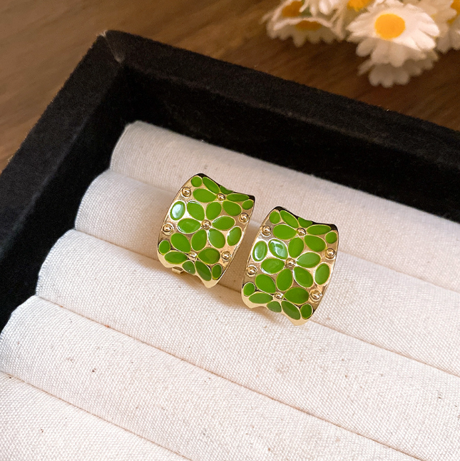 GREEN FLOWER HALF HOOP KOREAN EARRINGS