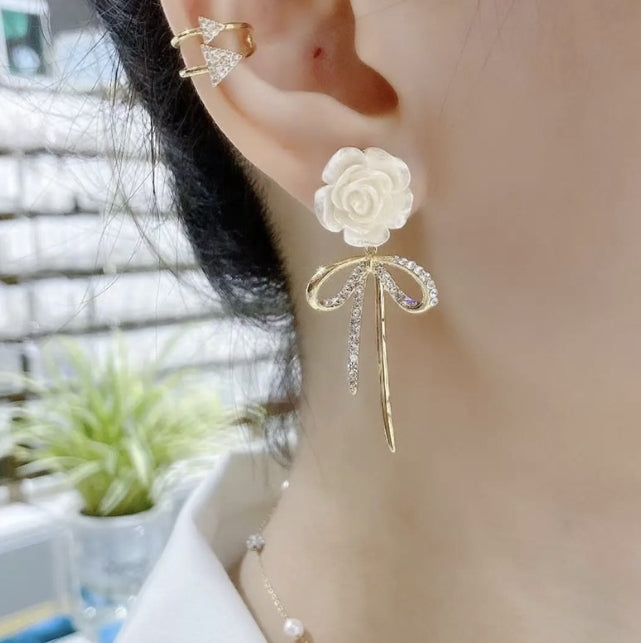 FLOWER BOW DROP KOREAN EARRINGS