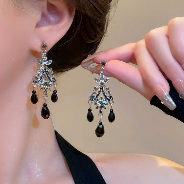 FLOWER CRYSTAL TASSEL KOREAN EARRINGS