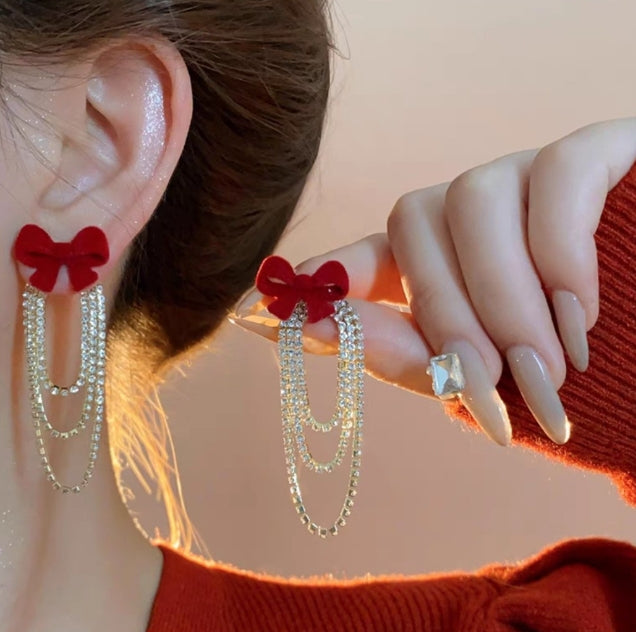 BOW AD STONE DROP KOREAN EARRINGS