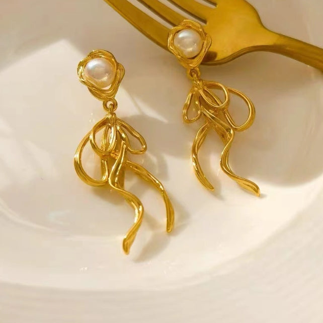 FLOWER BOW DROP KOREAN EARRINGS