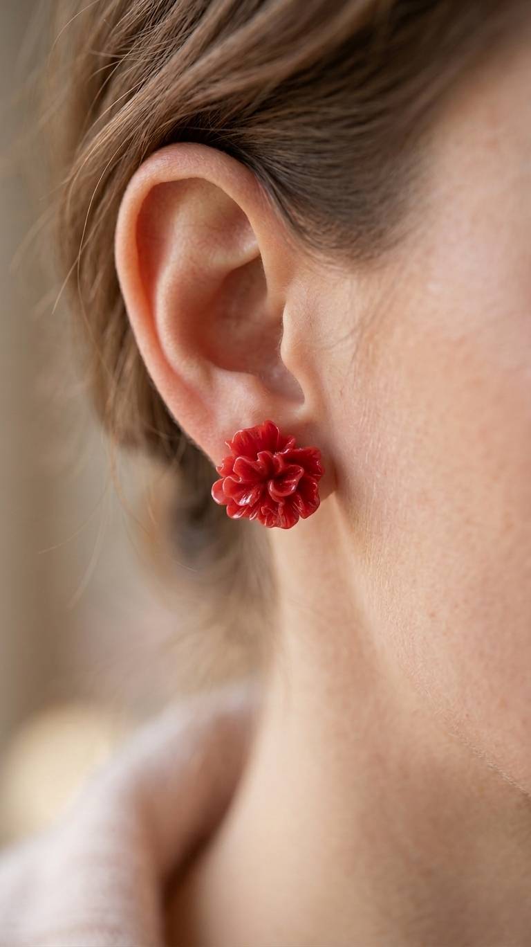 RED FLORAL FLOWER KOREAN STUDS EARRINGS