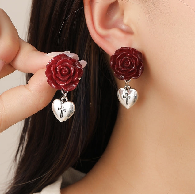 FLOWER HEART KOREAN DROP EARRINGS