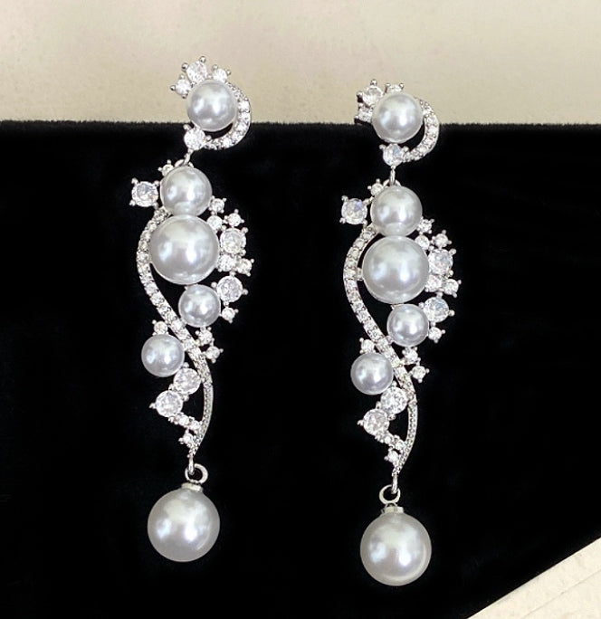 LONG PEARL AD STONE KOREAN DROP EARRINGS
