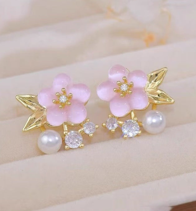 FLOWER PEARL AD STONE KOREAN EARRINGS