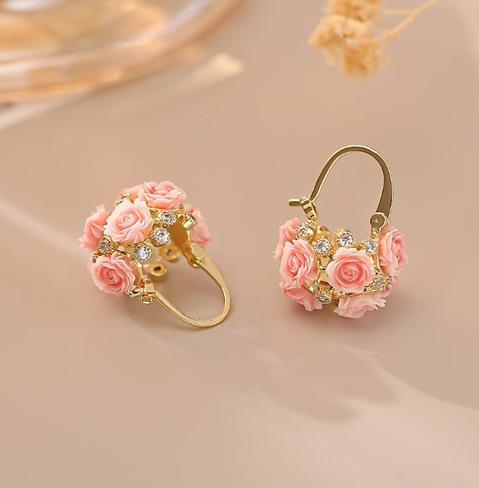 PINK FLOWER HOOP EARRINGS