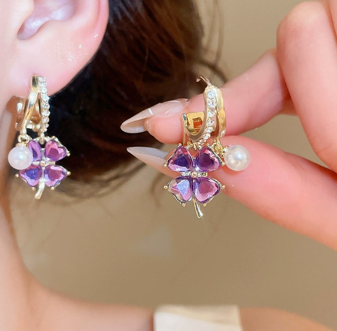 PURPLE LEAF FLOWER CLOVER DROP EARRING