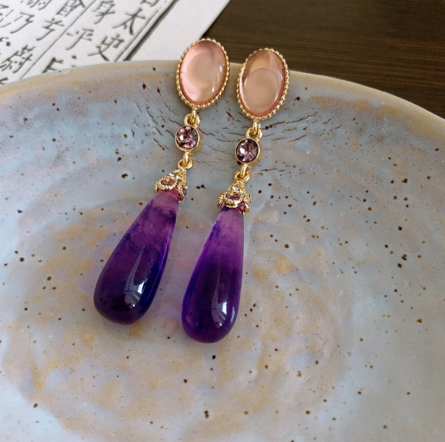 PURPLE TEAR DROP AD STONE KOREAN EARRINGS