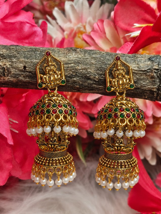 ANTIQUE GOLD TWO-TIER LAKSHMI DEVI TEMPLE BIG JHUMKA EARRINGS