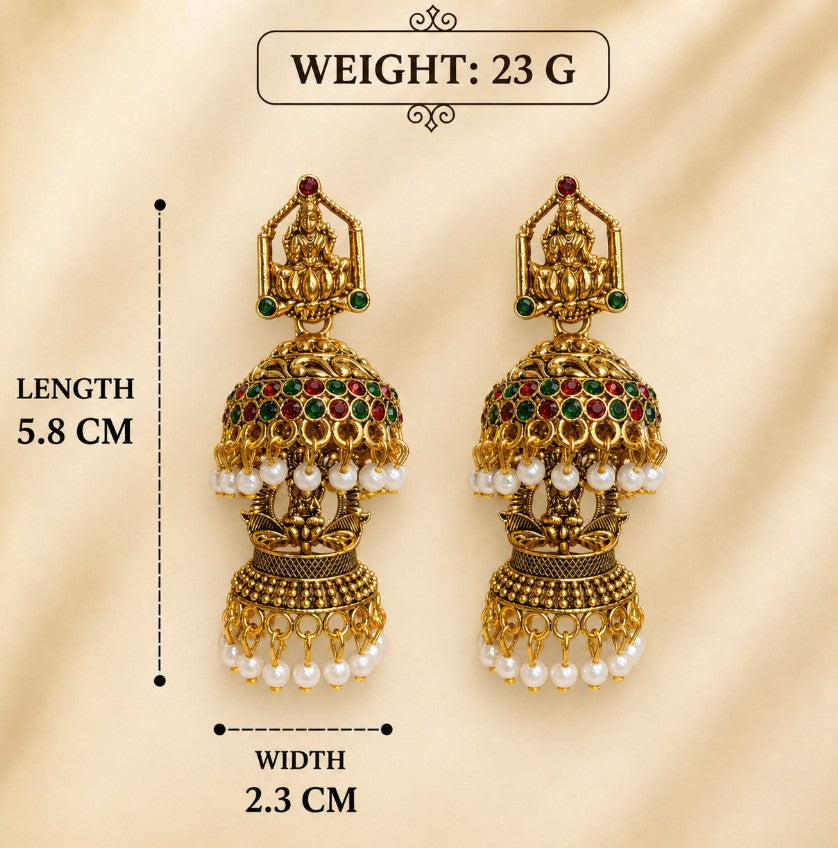 ANTIQUE GOLD TWO-TIER LAKSHMI DEVI TEMPLE BIG JHUMKA EARRINGS