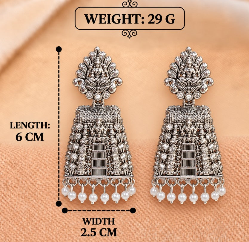 OXIDISED SILVER LAKSHMI DEVI TEMPLE JHUMKA EARRINGS