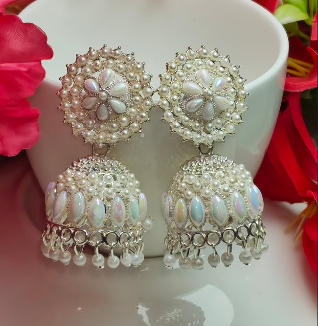 WHITE FLORAL PEARL JHUMKA EARRINGS