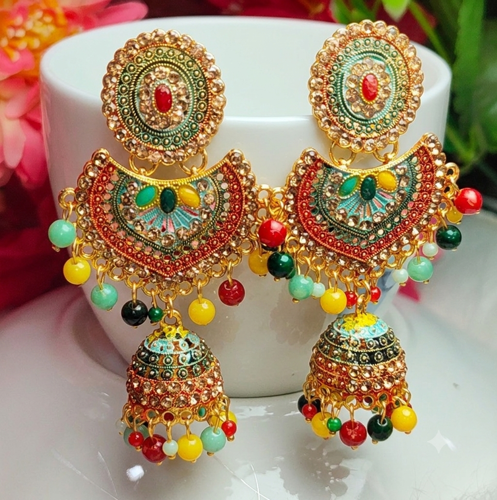 BIG MULTICOLOR BEADED STONE CHANDBALI JHUMKA EARRING