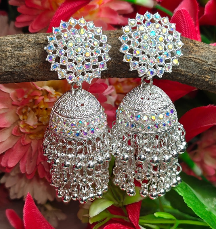 RAINBOW STONES SILVER JHUMKA WITH GHUNGROO EARRINGS