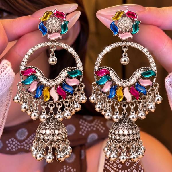 OXIDISED SILVER MULTICOLOR FLORAL CHANDBALI JHUMKA EARRINGS