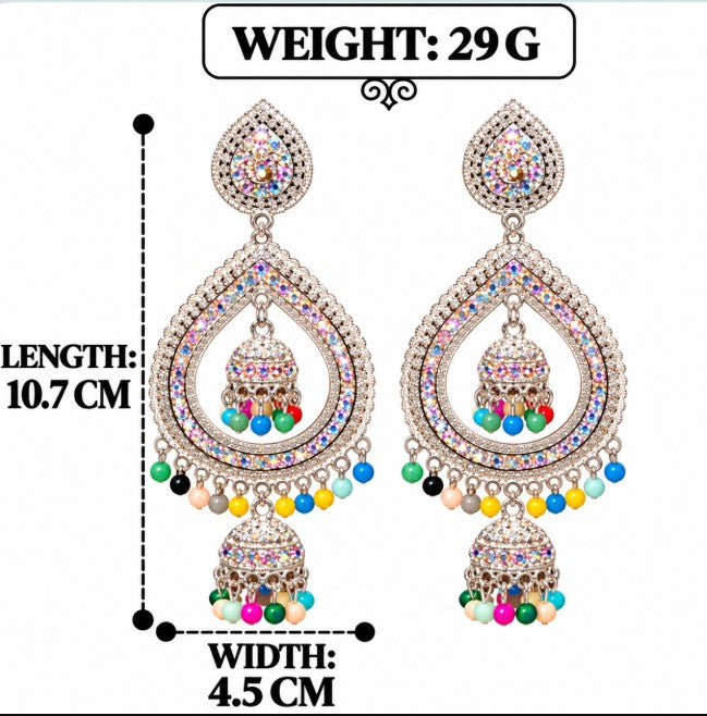MULTICOLOR BEADED & STONE TEARDROP DOUBLE JHUMKA CHANDBALI EARRINGS