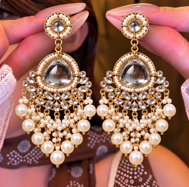 GOLD PLATED KUNDAN STONE PEARL CHANDBALI EARRINGS
