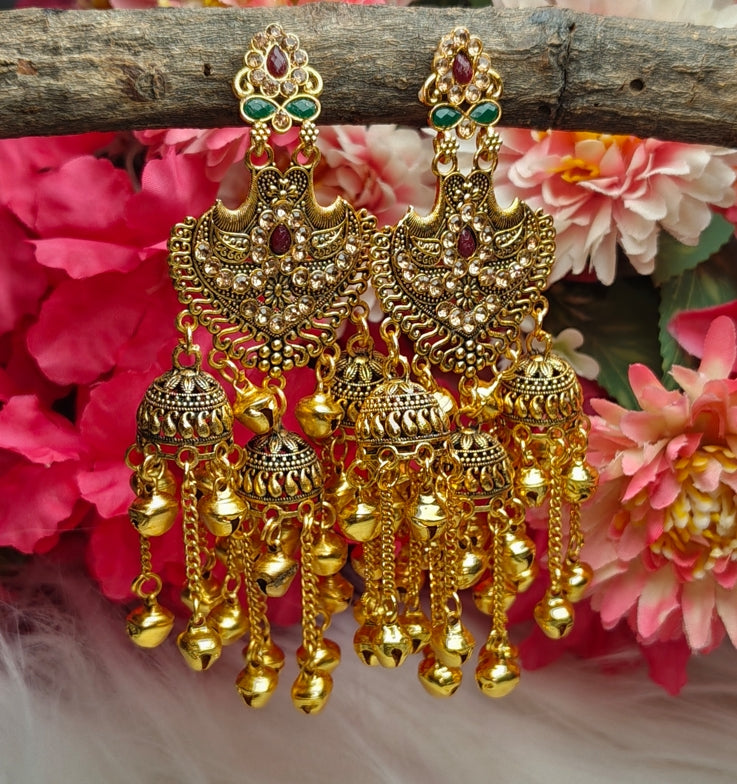 ANTIQUE GOLD LONG BIG CHANDBALI JHUMKA EARRINGS