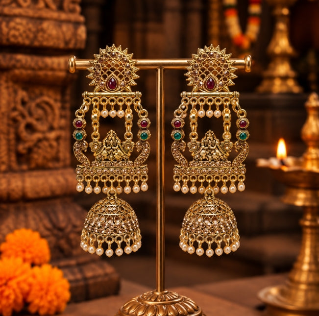 ANTIQUE GOLD RADHA KRISHNA TEMPLE JHUMKA EARRINGS