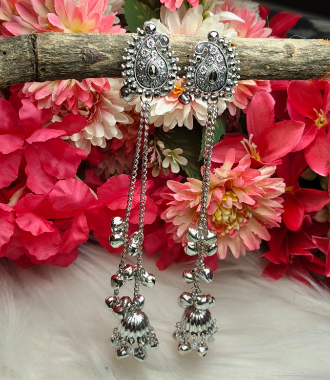 OXIDISED SILVER LONG CHAIN KASHMIRI PAISLEY GHUNGROO JHUMKA EARRINGS