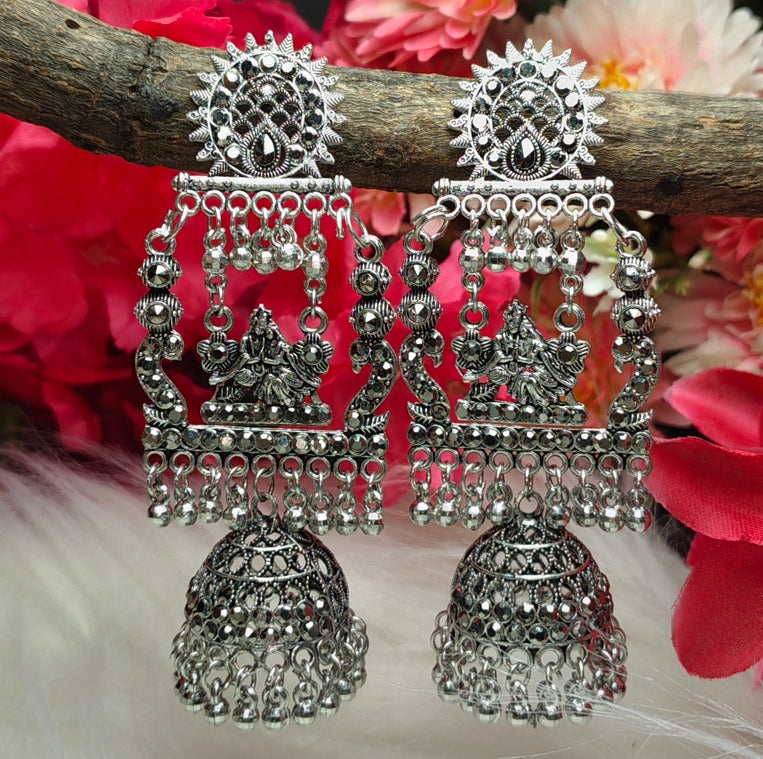 RADHA KRISHNA BIG JHUMKA OXIDISED SILVER TAMPLE TRADITIONAL EARRING