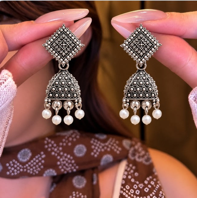 OXIDISED SILVER SMALL JHUMKI WHITE BEADED DROP EARRINGS