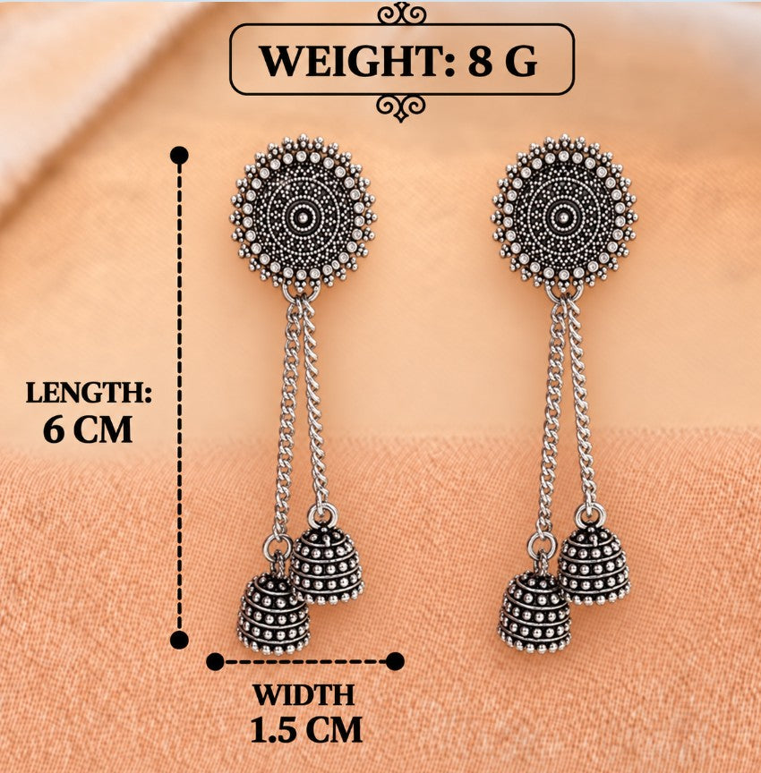 OXIDISED SILVER LONG CHAIN JHUMKA EARRINGS