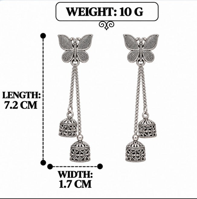 OXIDISED SILVER BUTTERFLY CHAIN JHUMKI DROP EARRINGS