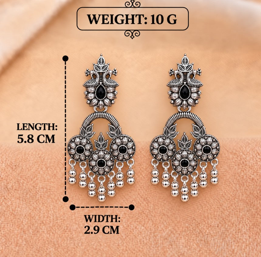 OXIDISED SILVER FLORAL CHANDELIER GHUNGROO BEADS EARRINGS