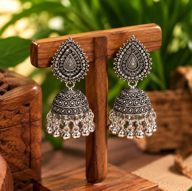 OXIDISED SILVER DOME SHAPED GHUNGROO BEADS JHUMKA EARRINGS