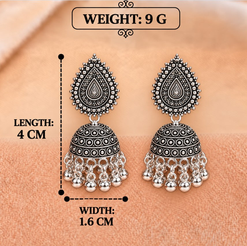 OXIDISED SILVER DOME SHAPED GHUNGROO BEADS JHUMKA EARRINGS