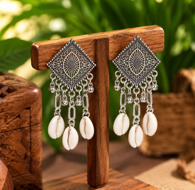 OXIDISED SILVER GEOMETRIC SHELL EARRINGS