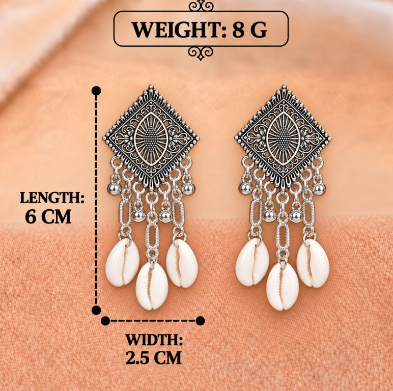 OXIDISED SILVER GEOMETRIC SHELL EARRINGS