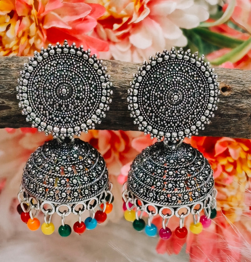 OXIDISED SILVER MULTICOLOR BEADED JHUMKA EARRINGS