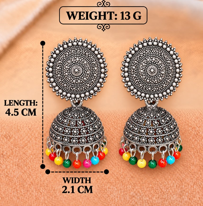 OXIDISED SILVER MULTICOLOR BEADED JHUMKA EARRINGS