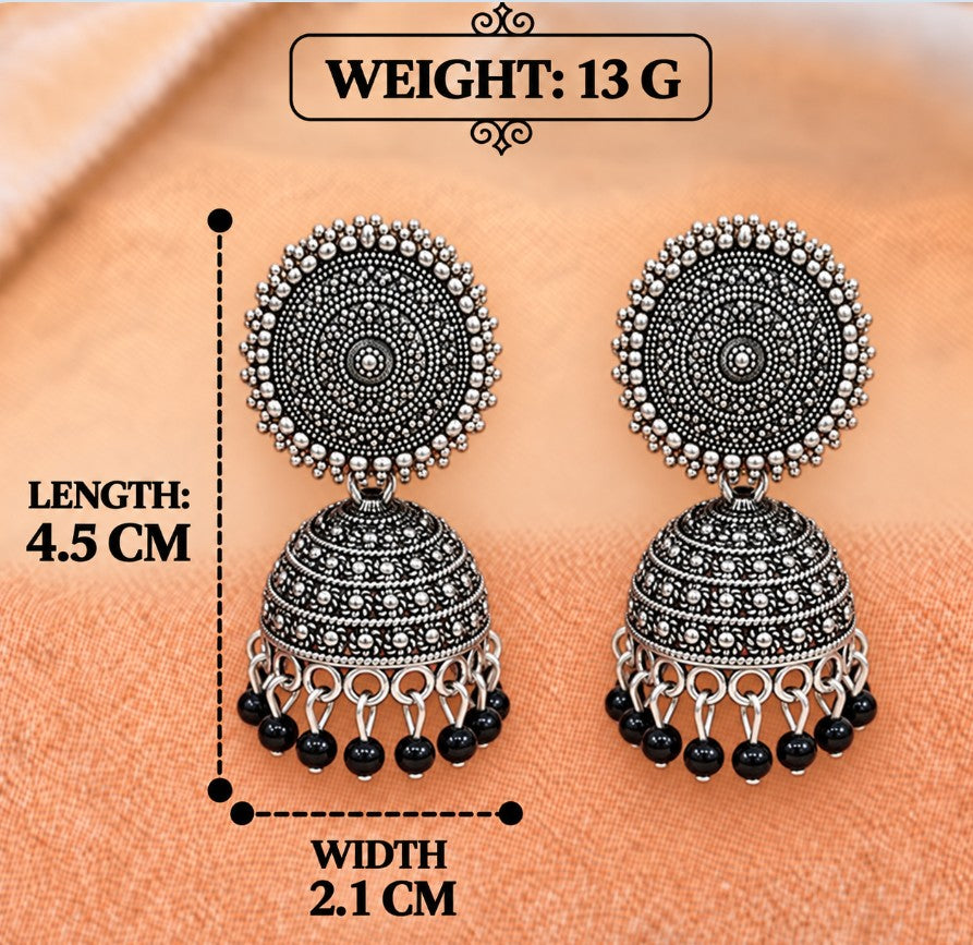 OXIDISED SILVER BLACK BEADED JHUMKA EARRINGS