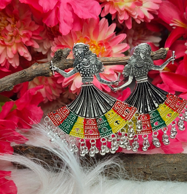 BIG MULTICOLOR GARBA DANCING GIRL OXIDISED SILVER TRADITIONAL EARRING