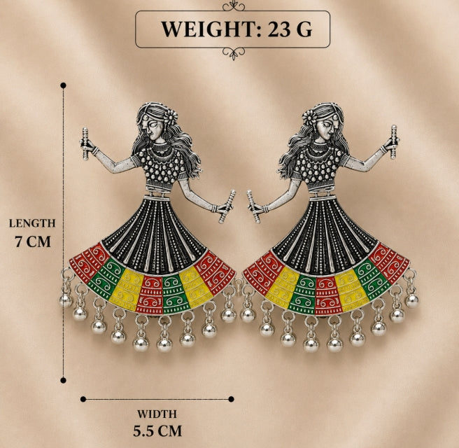 BIG MULTICOLOR GARBA DANCING GIRL OXIDISED SILVER TRADITIONAL EARRING