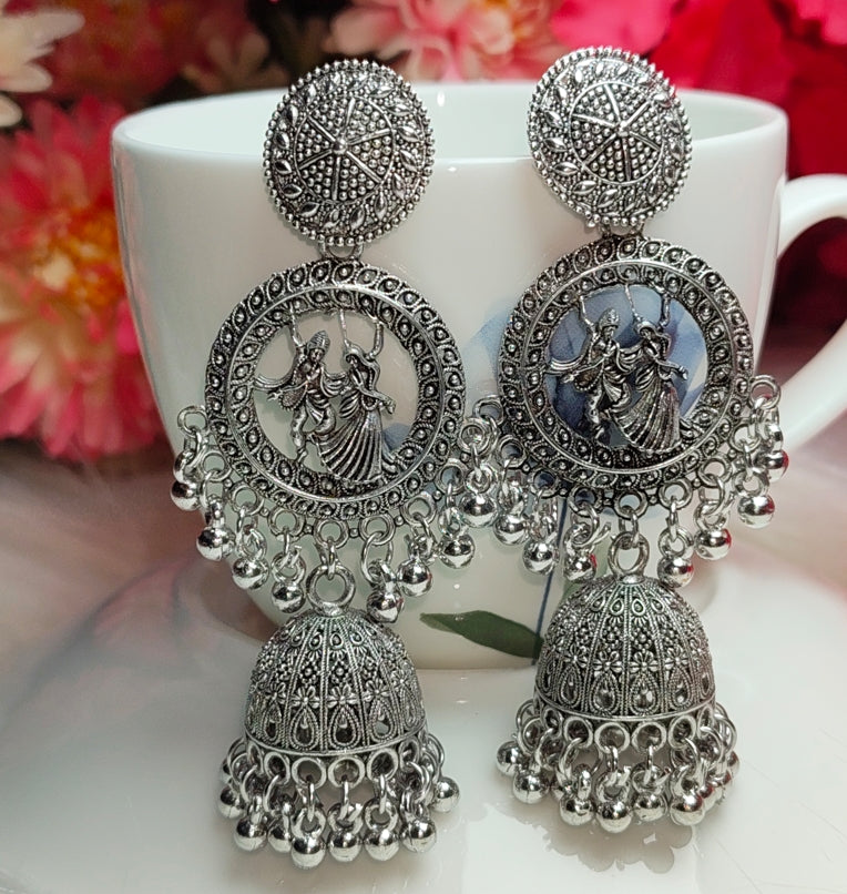 OXIDISED SILVER RADHA KRISHNA JHUMKA EARRING