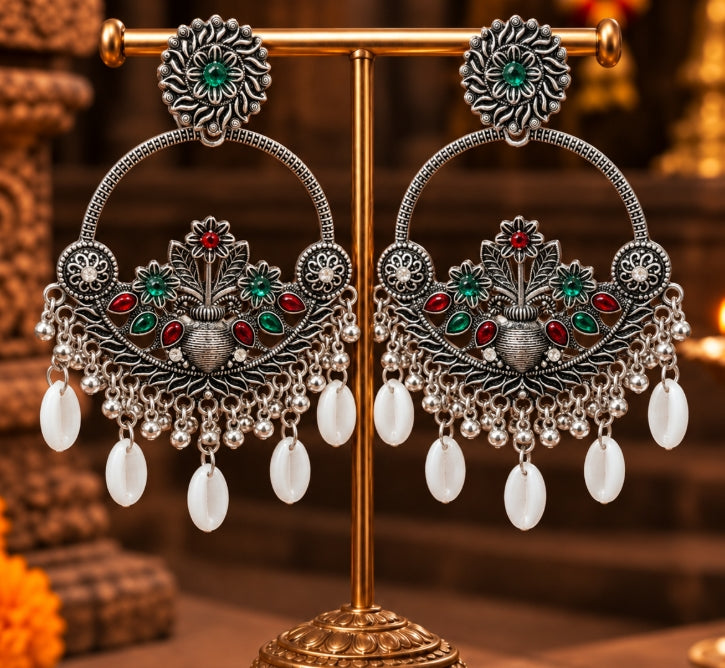 OXIDISED SILVER MULTICOLOR FLORAL CHANDBALI EARRINGS