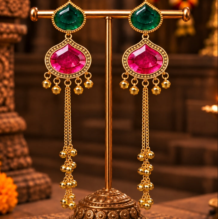 GOLD PLATED LONG CHAIN KASHMIRI PINK GREEN STONE JHUMKA EARRINGS