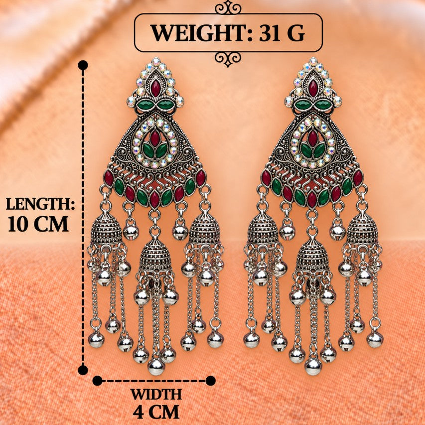 OXIDISED SILVER CHANDELIER LONG CHAIN KASHMIRI JHUMKA EARRINGS