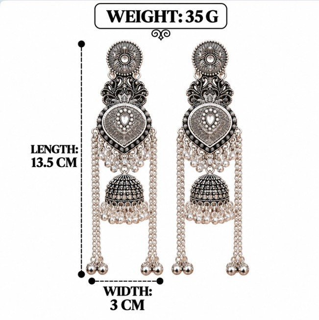 OXIDISED SILVER LONG CHAIN WITH GHUNGROO BEADS JHUMKA EARRINGS