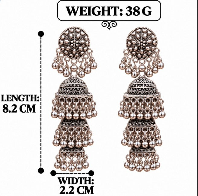 OXIDISED SILVER 3 LAYER JHUMKA LONG DROP EARRINGS