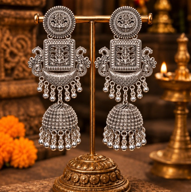 OXIDISED SILVER LAXMI TEMPLE LONG BIG JHUMKA EARRINGS