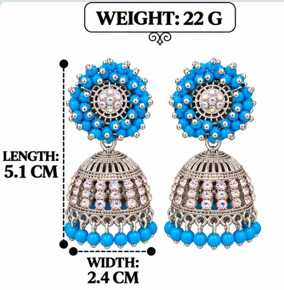 SILVER BLUE PEARL BEADED FLORAL JHUMKA EARRINGS